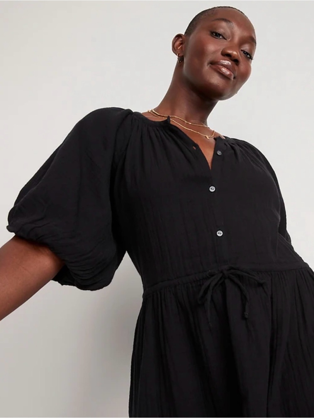 Old Navy Black Waist-Defined Puff-Sleeve Mini Summer Dress Large Textured Cotton - Picture 2 of 10
